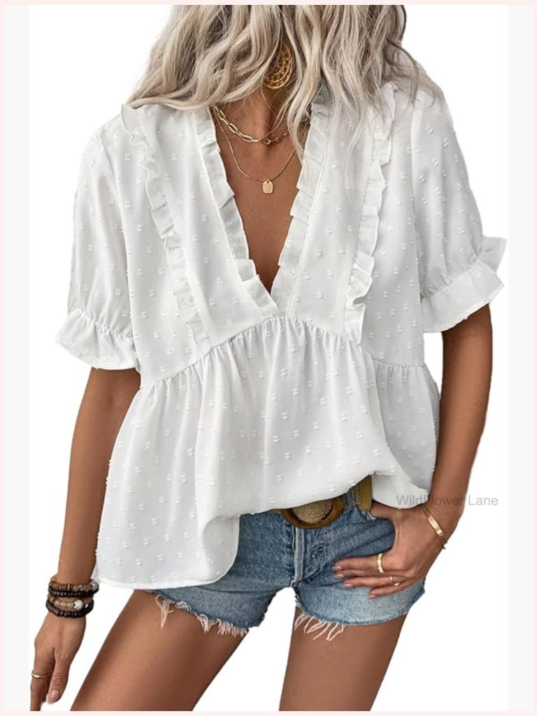Deep V Neck Ruffle Blouse Short Sleeve Boho Chiffon Top Sheer Swiss Dot